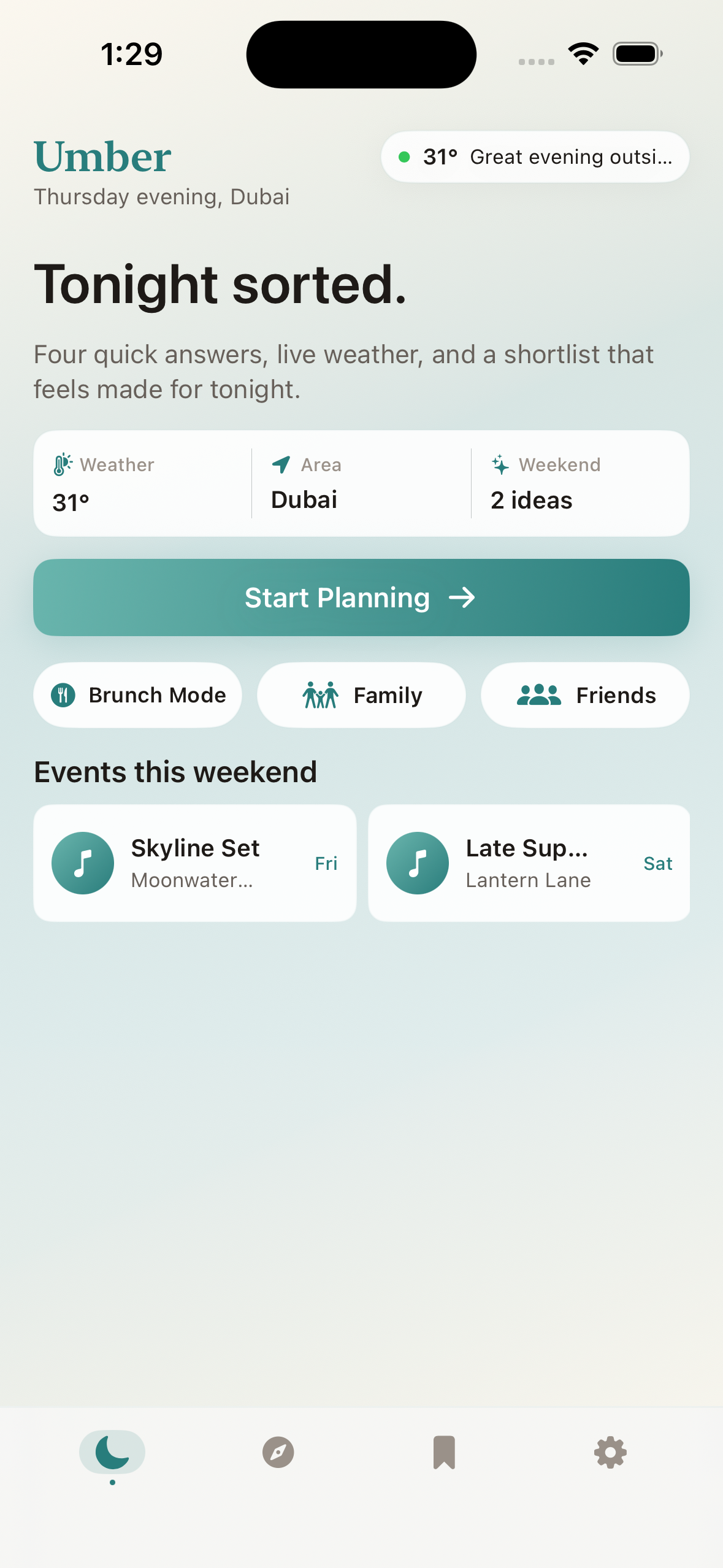 Umber home screen showing Dubai weather and fictional weekend ideas
