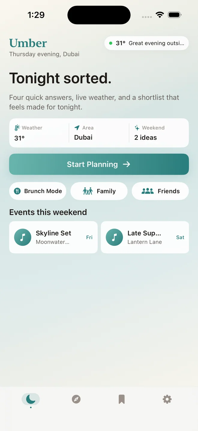 Umber home screen with at-home planning