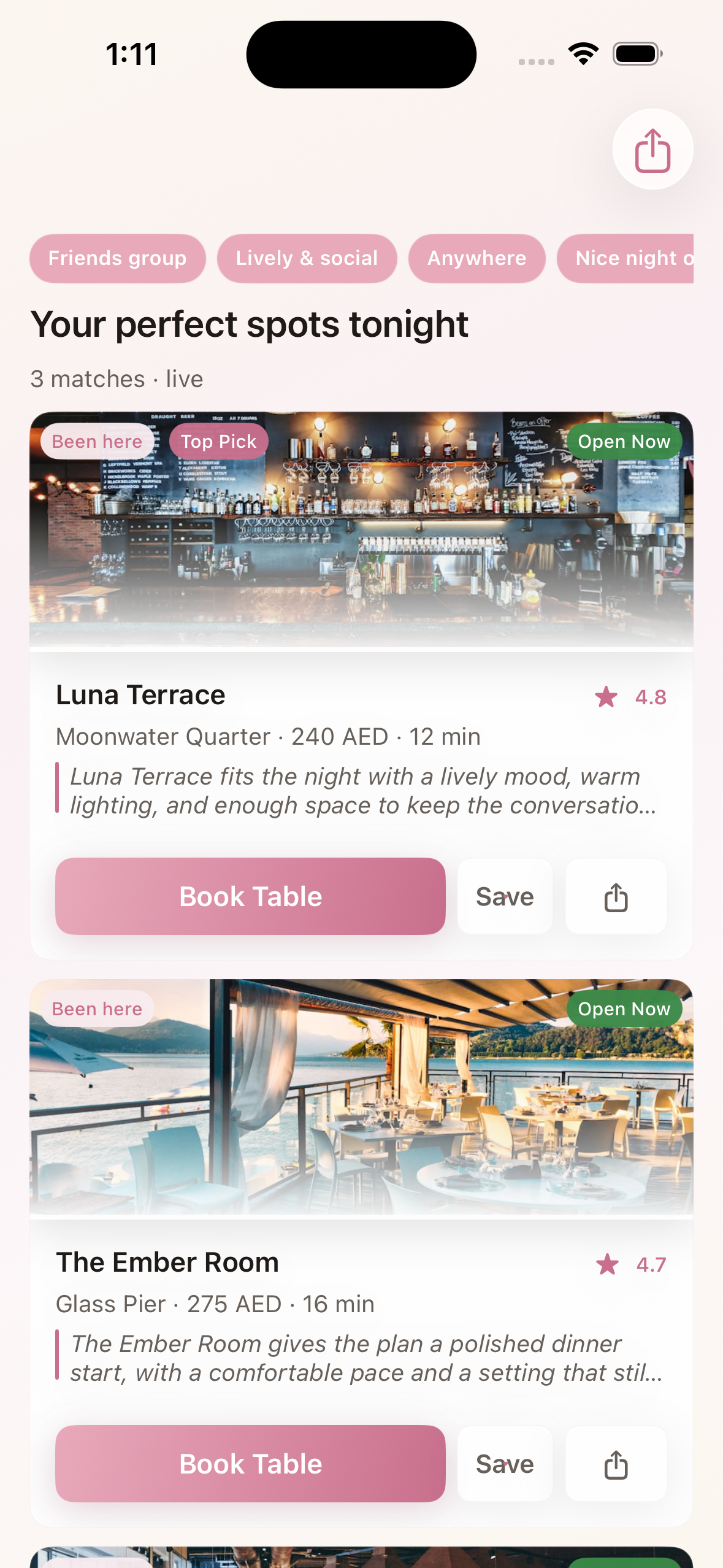 Umber results screen showing fictional venue recommendations