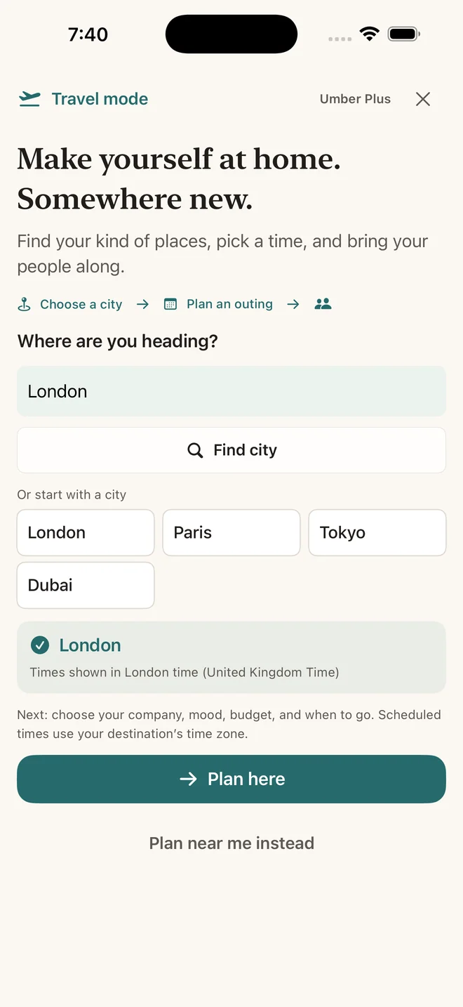 Umber Travel mode with London selected and destination-local scheduling