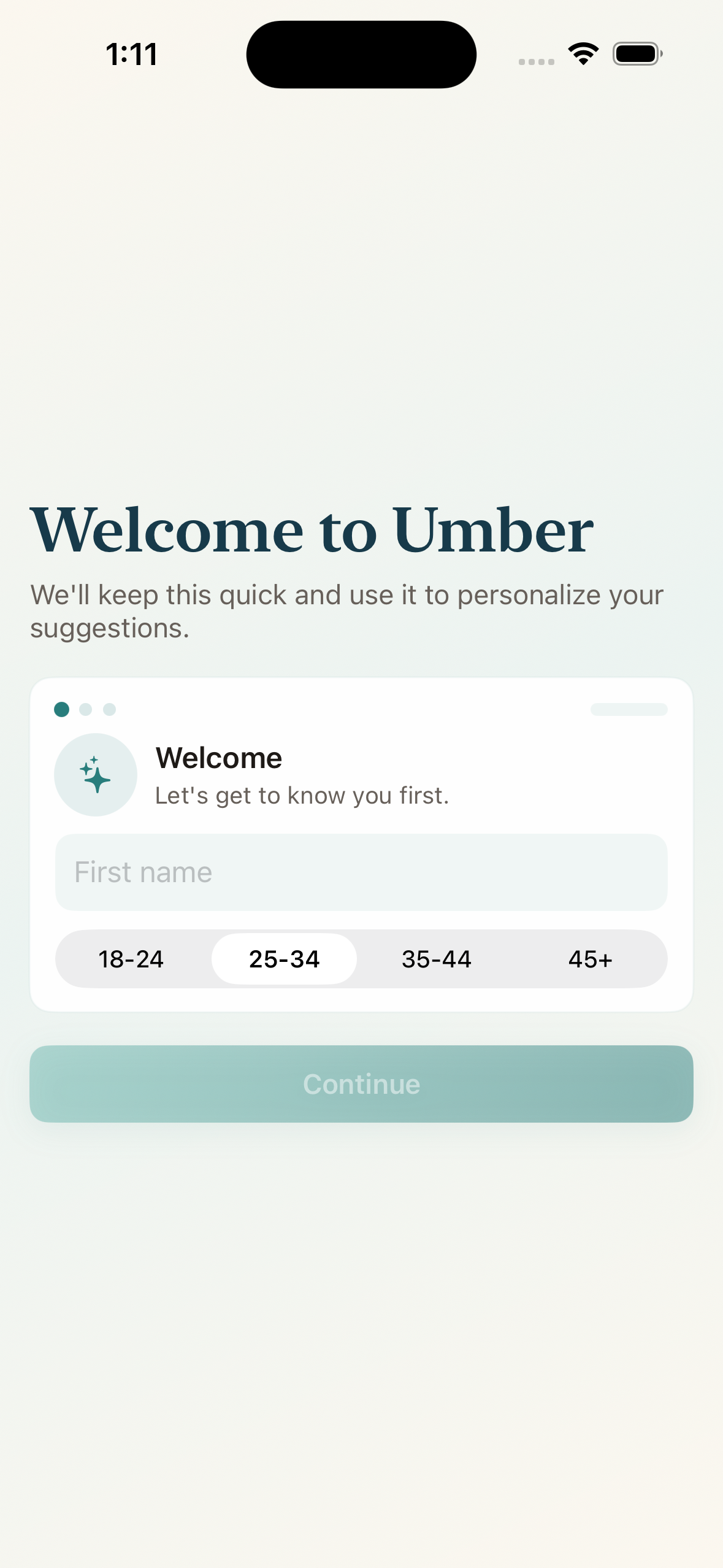 Umber welcome screen